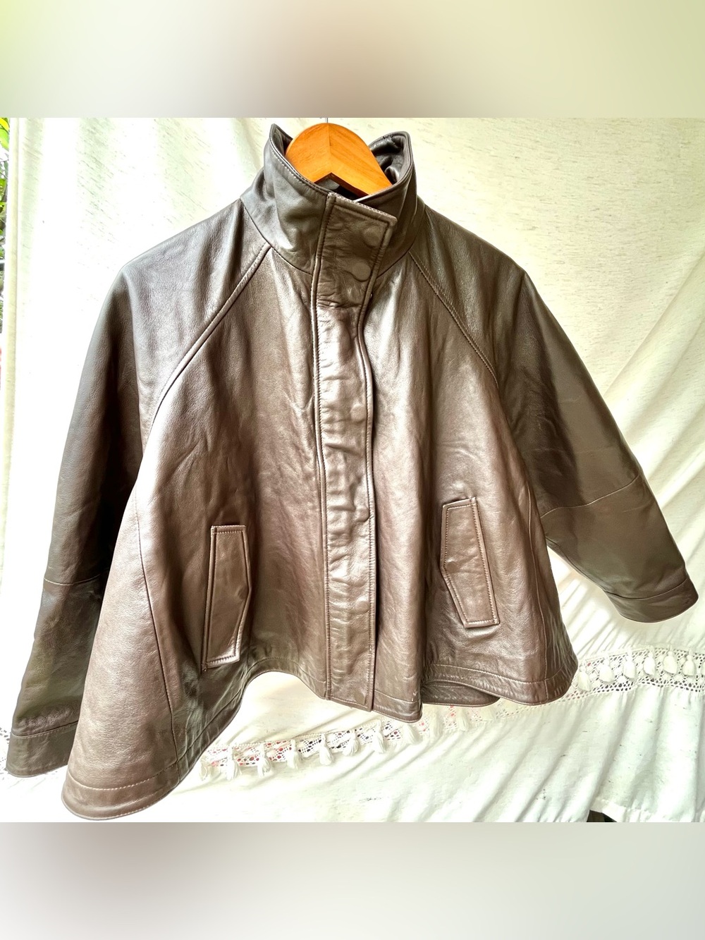 Zara 100% Leather Bomber Jacket High Neck Long Sleeves Cuffs Brown Medium NEW - Picture 7 of 16